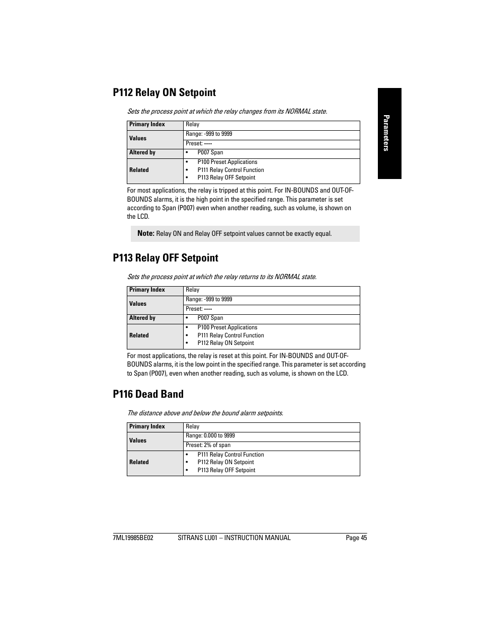 P112 relay on setpoint, P113 relay off setpoint, P116 dead band | Siemens sitrans LU01 User Manual | Page 51 / 114