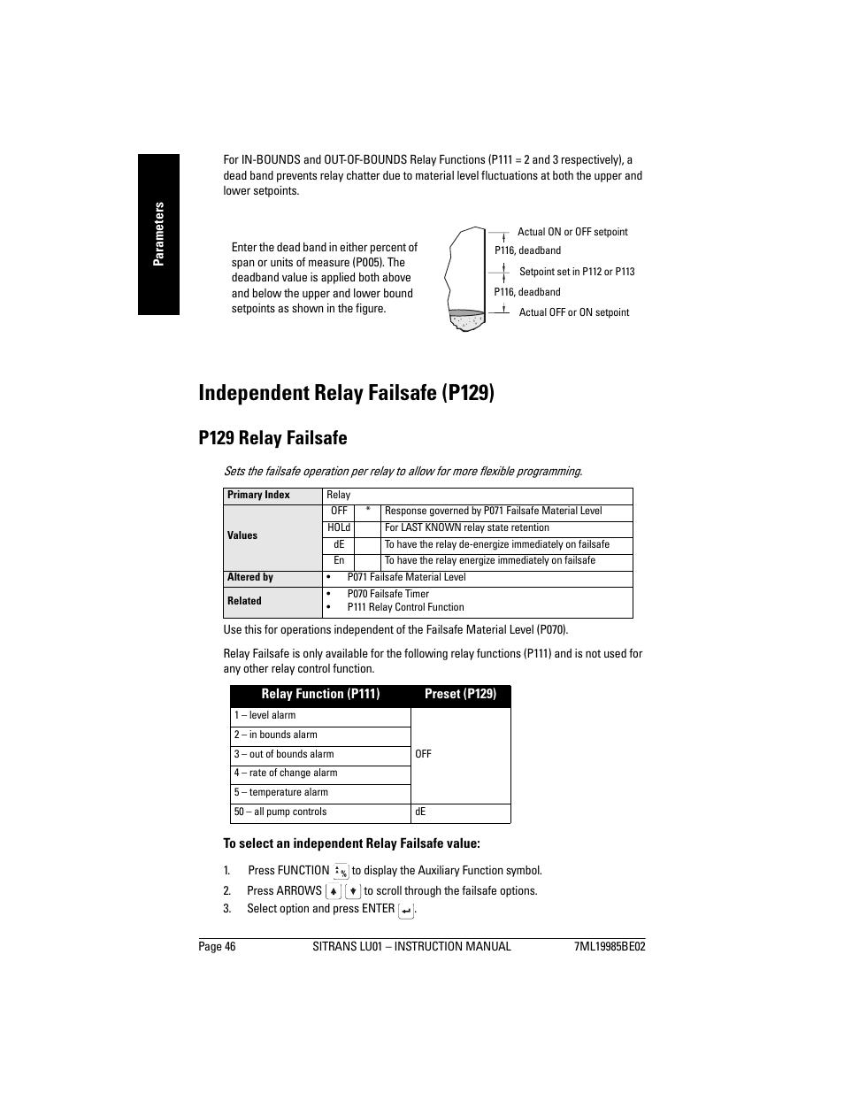 Independent relay failsafe (p129), P129 relay failsafe | Siemens sitrans LU01 User Manual | Page 52 / 114