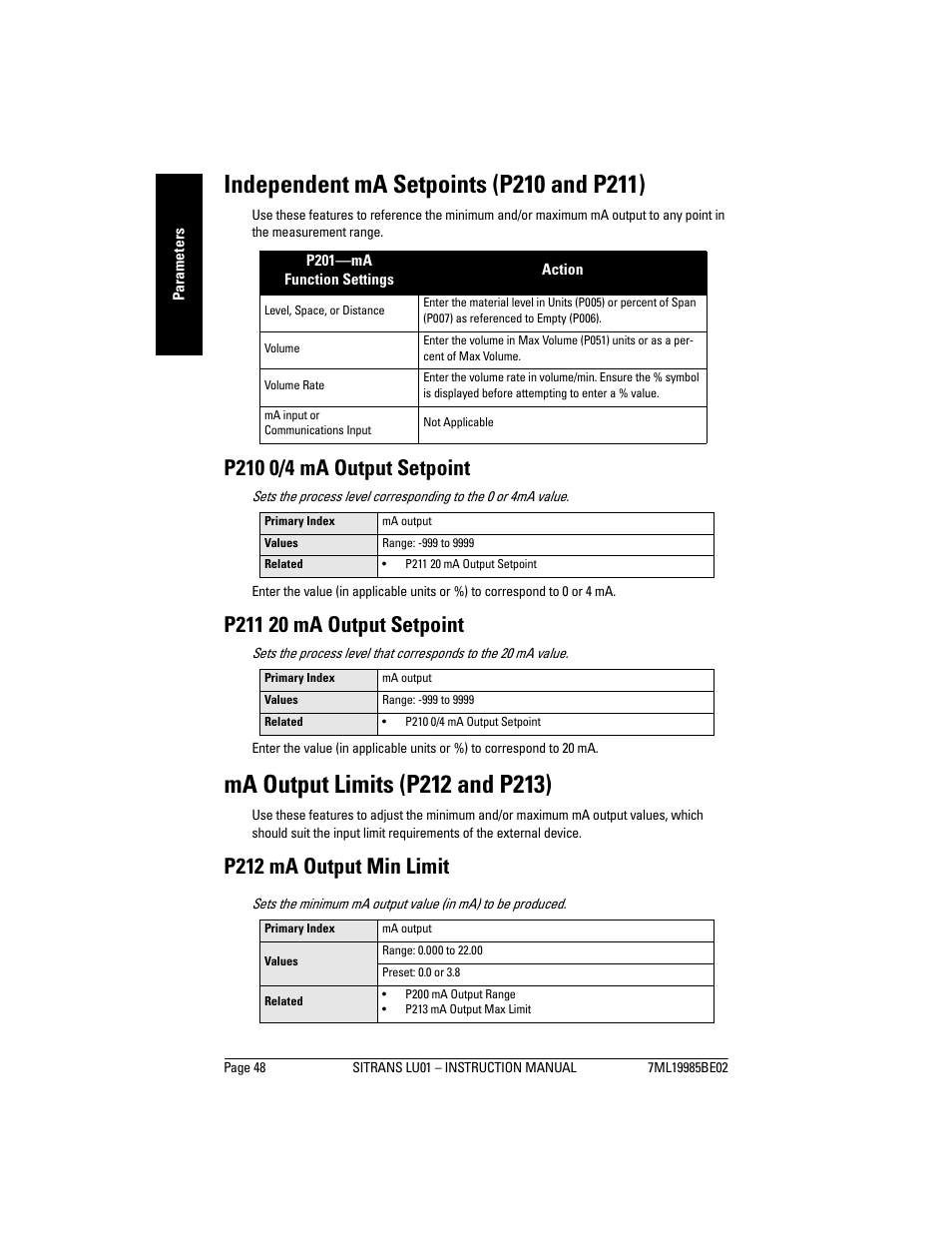 Independent ma setpoints (p210 and p211), Ma output limits (p212 and p213), P212 ma output min limit | Siemens sitrans LU01 User Manual | Page 54 / 114