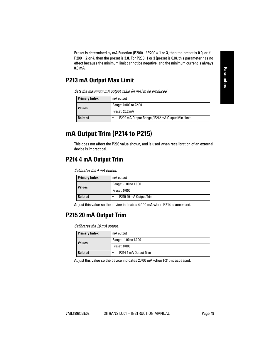 Ma output trim (p214 to p215), P213 ma output max limit, P214 4 ma output trim | Siemens sitrans LU01 User Manual | Page 55 / 114