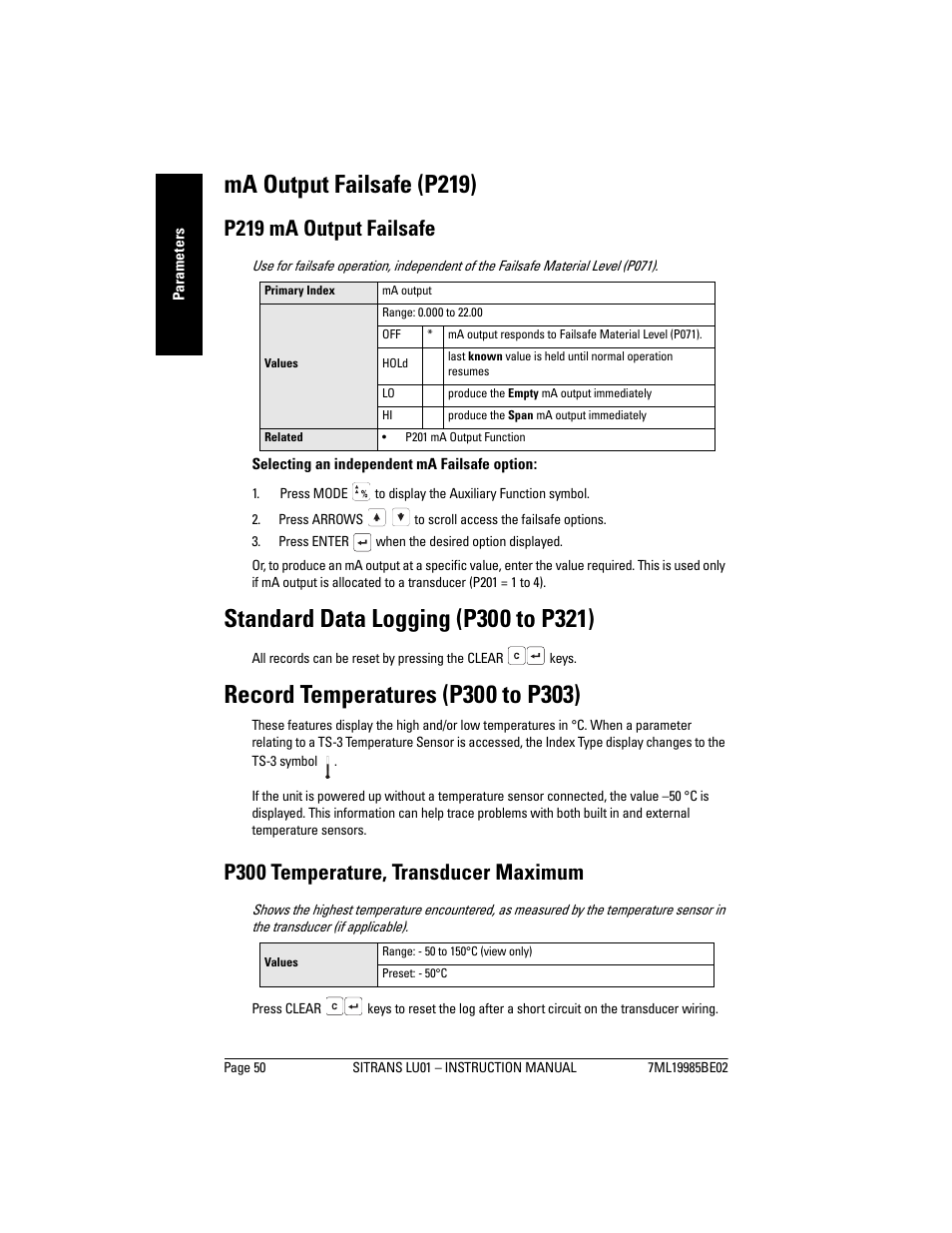 Ma output failsafe (p219), Standard data logging (p300 to p321), Record temperatures (p300 to p303) | P219 ma output failsafe, P300 temperature, transducer maximum | Siemens sitrans LU01 User Manual | Page 56 / 114
