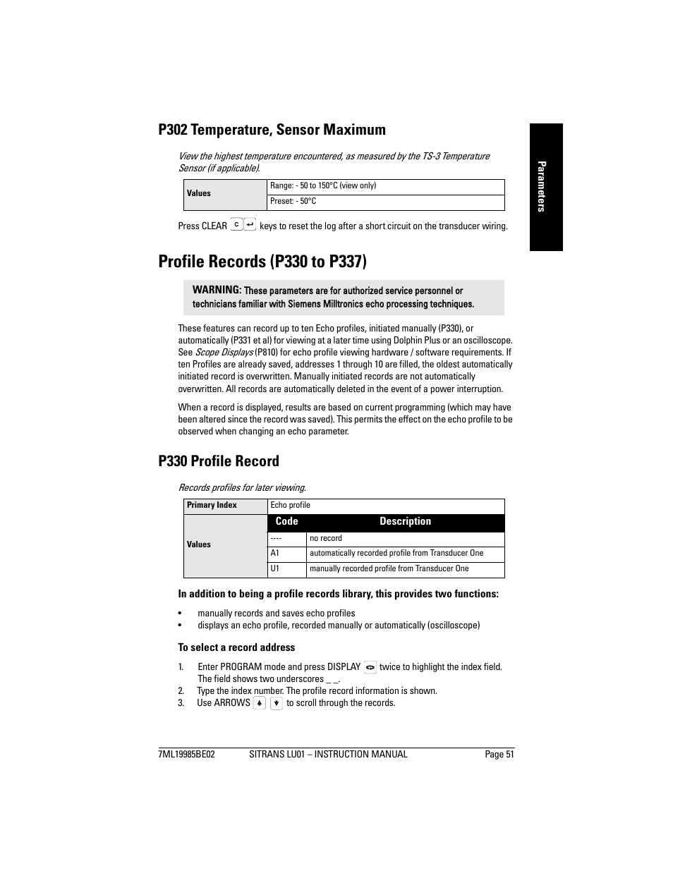 Profile records (p330 to p337), P302 temperature, sensor maximum, P330 profile record | Siemens sitrans LU01 User Manual | Page 57 / 114