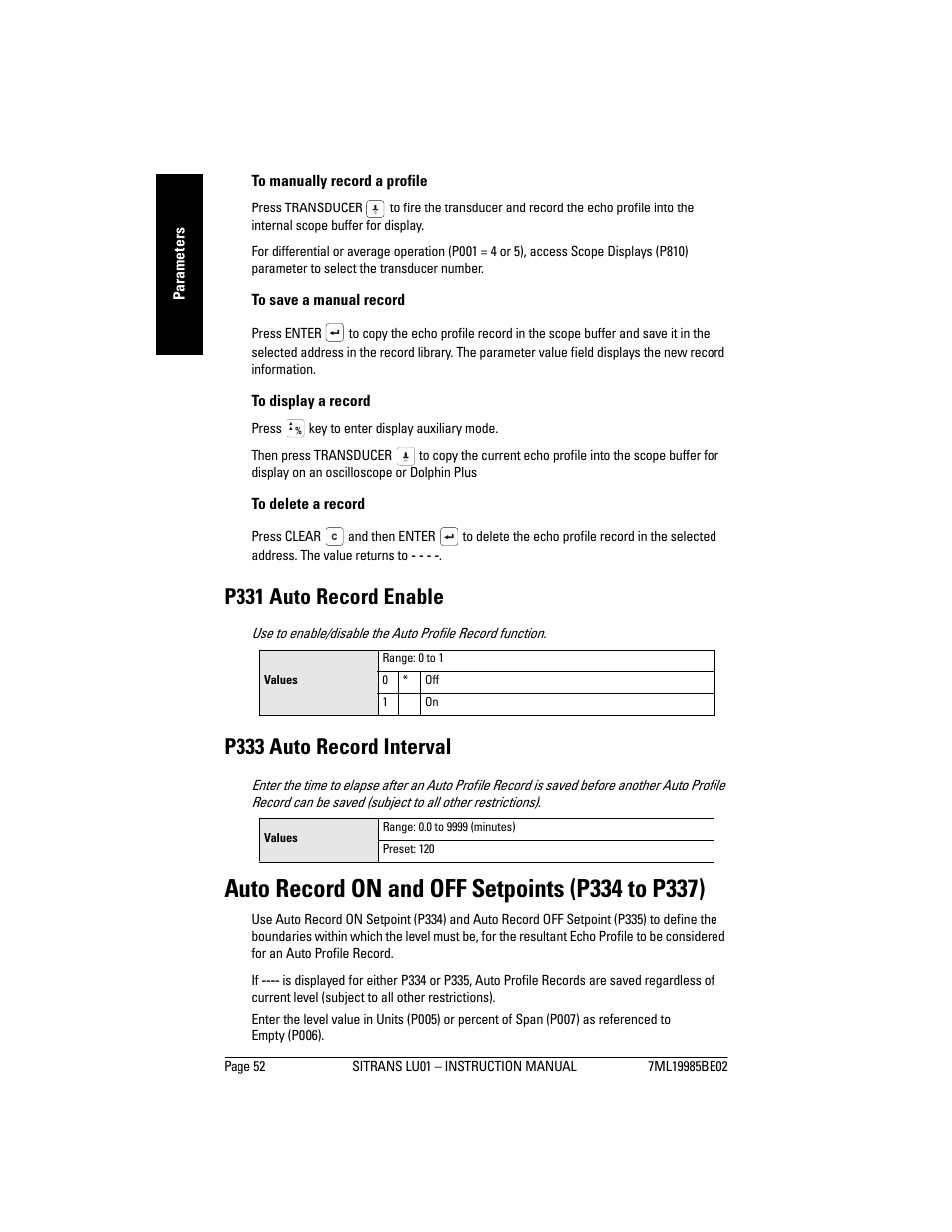 Auto record on and off setpoints (p334 to p337), P331 auto record enable, P333 auto record interval | Siemens sitrans LU01 User Manual | Page 58 / 114