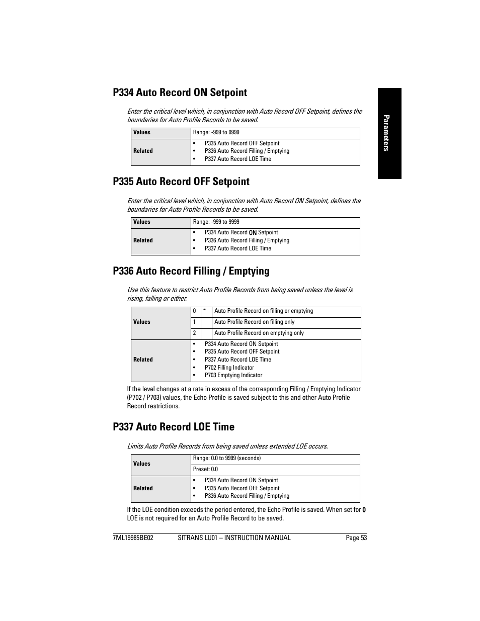 P334 auto record on setpoint, P335 auto record off setpoint, P336 auto record filling / emptying | P337 auto record loe time | Siemens sitrans LU01 User Manual | Page 59 / 114