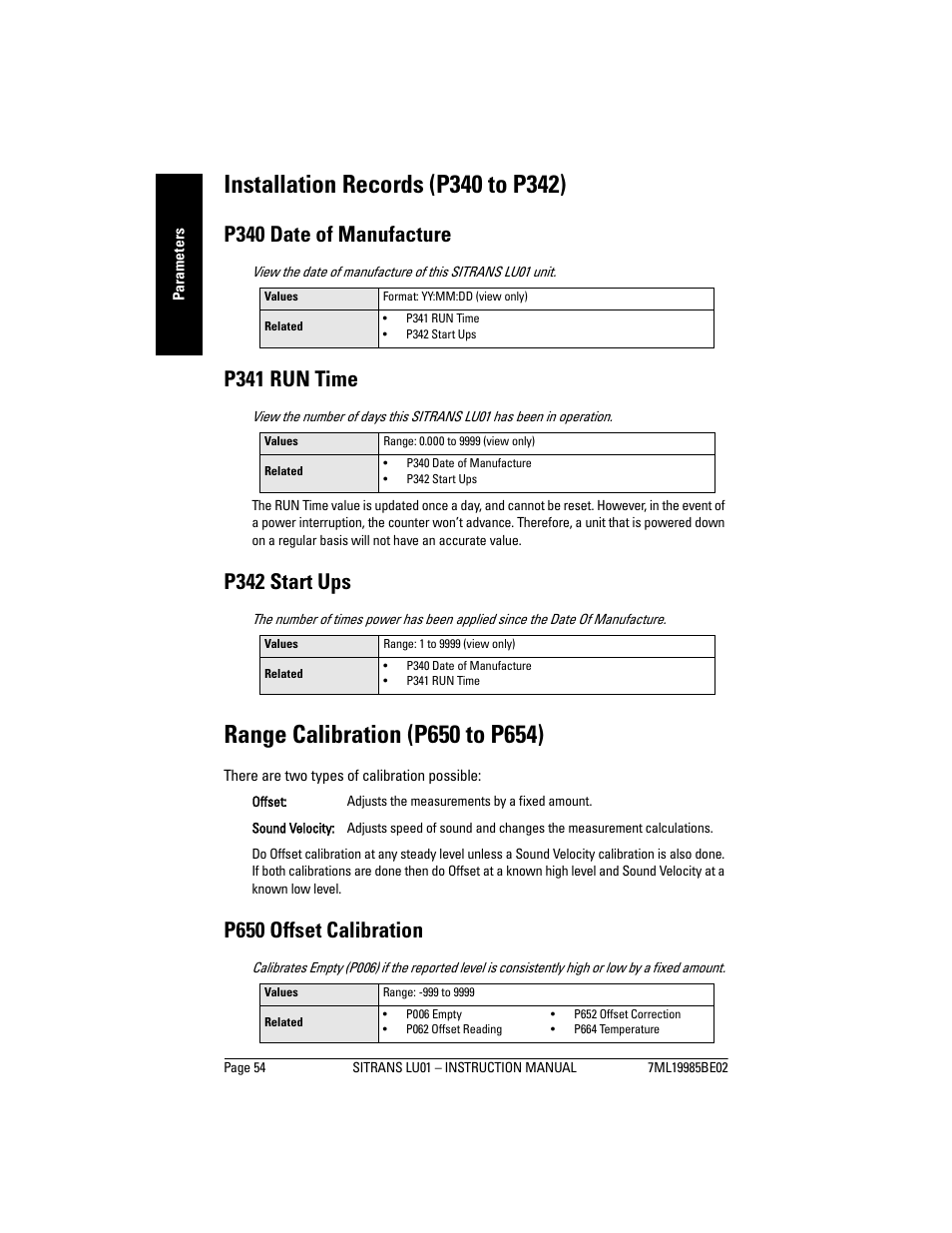 Installation records (p340 to p342), Range calibration (p650 to p654), P340 date of manufacture | P341 run time, P342 start ups, P650 offset calibration | Siemens sitrans LU01 User Manual | Page 60 / 114