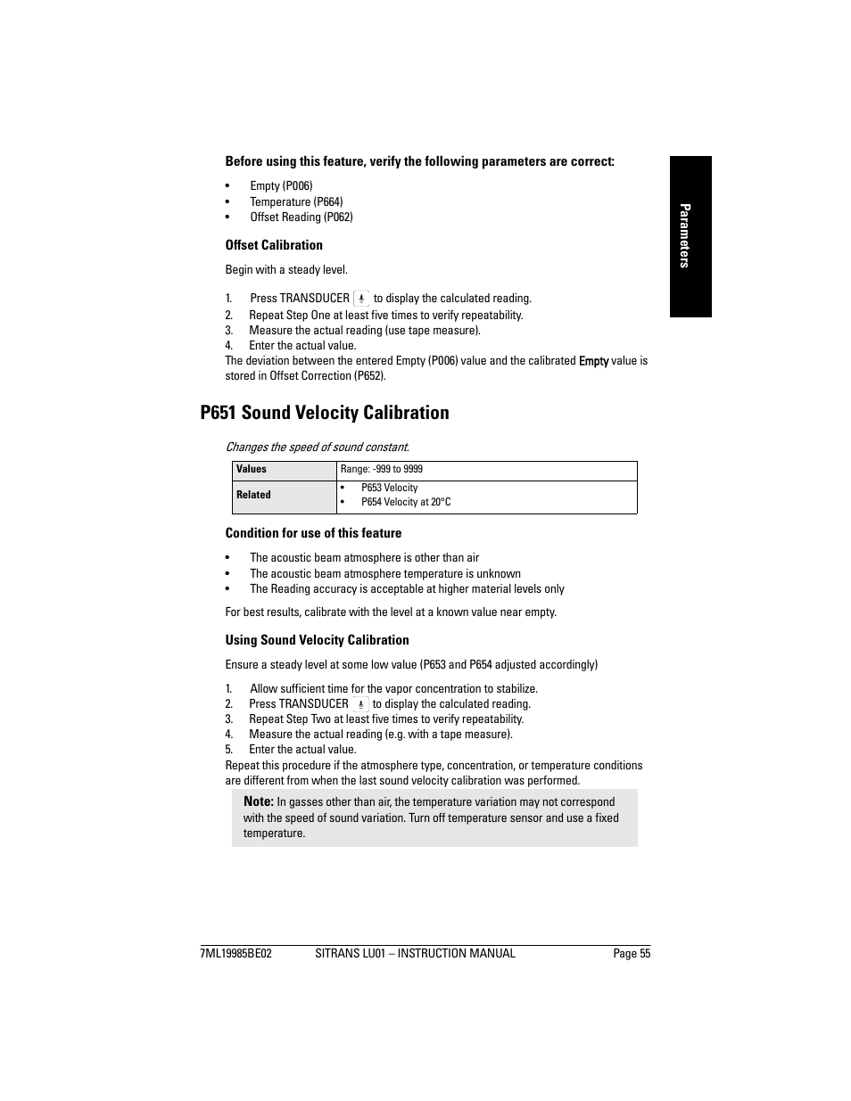 P651 sound velocity calibration | Siemens sitrans LU01 User Manual | Page 61 / 114