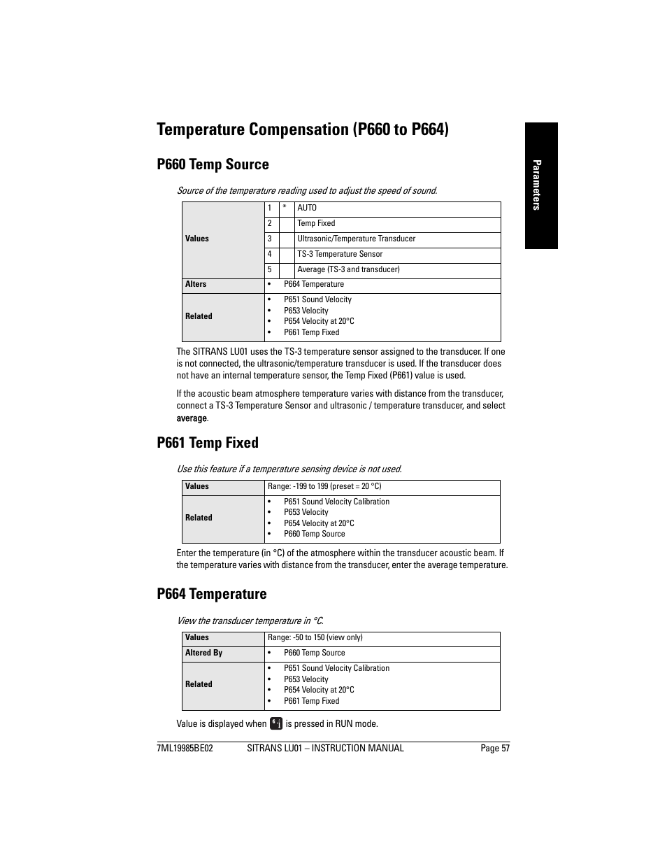 Temperature compensation (p660 to p664), P660 temp source, P661 temp fixed | P664 temperature | Siemens sitrans LU01 User Manual | Page 63 / 114