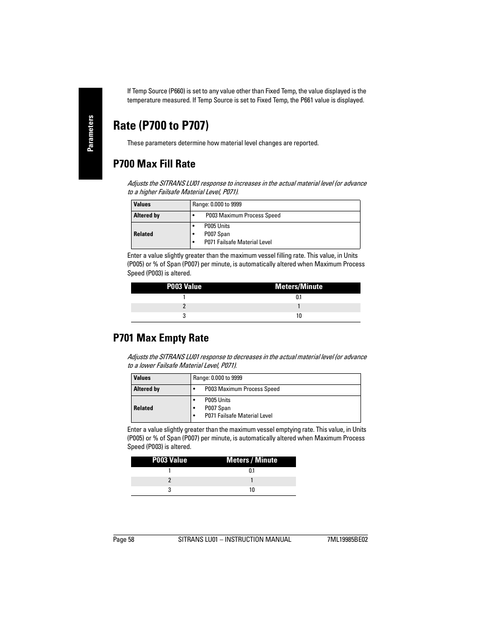 Rate (p700 to p707), P700 max fill rate, P701 max empty rate | Siemens sitrans LU01 User Manual | Page 64 / 114