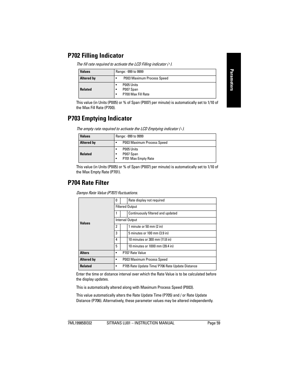 P702 filling indicator, P703 emptying indicator, P704 rate filter | Siemens sitrans LU01 User Manual | Page 65 / 114