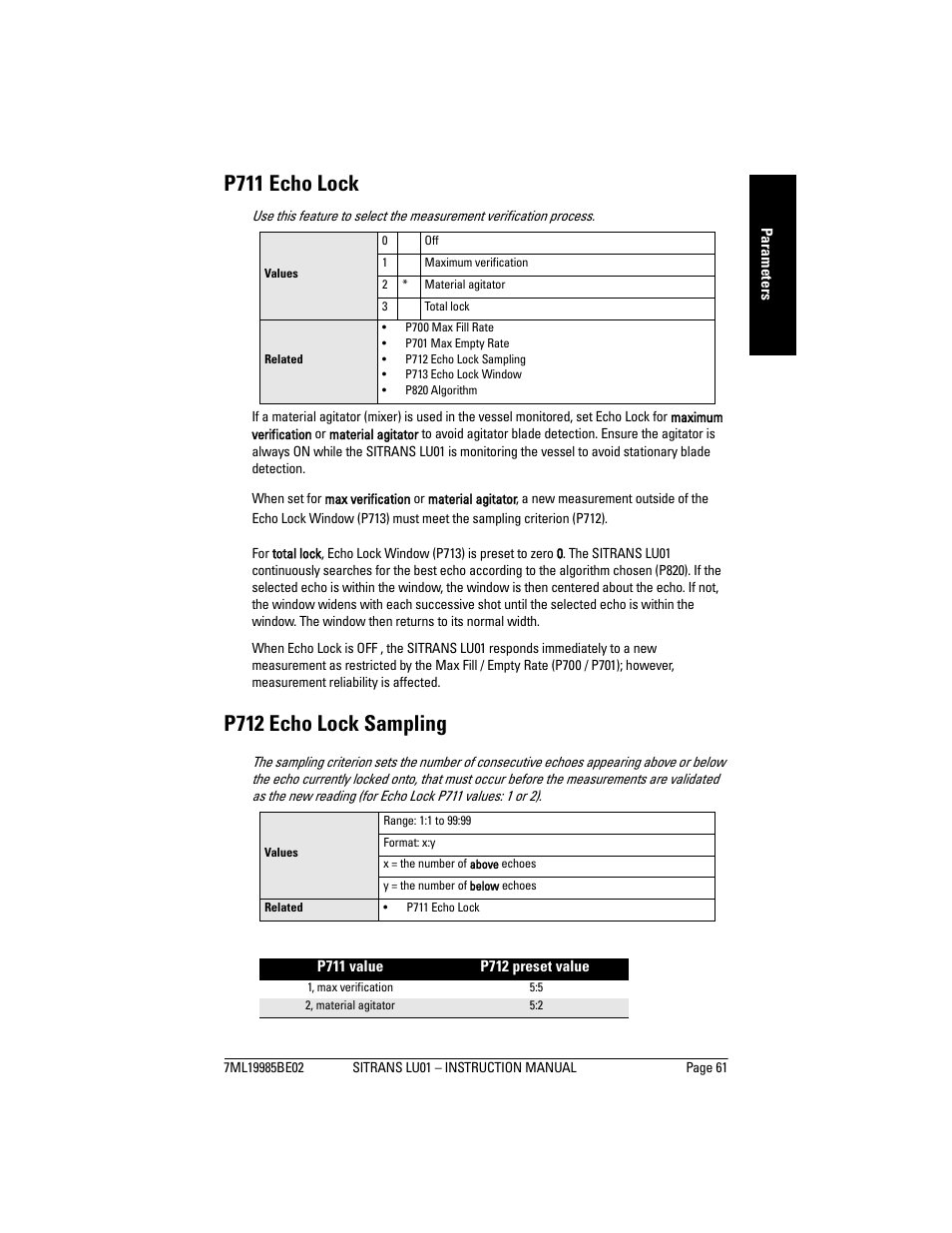 P711 echo lock, P712 echo lock sampling | Siemens sitrans LU01 User Manual | Page 67 / 114