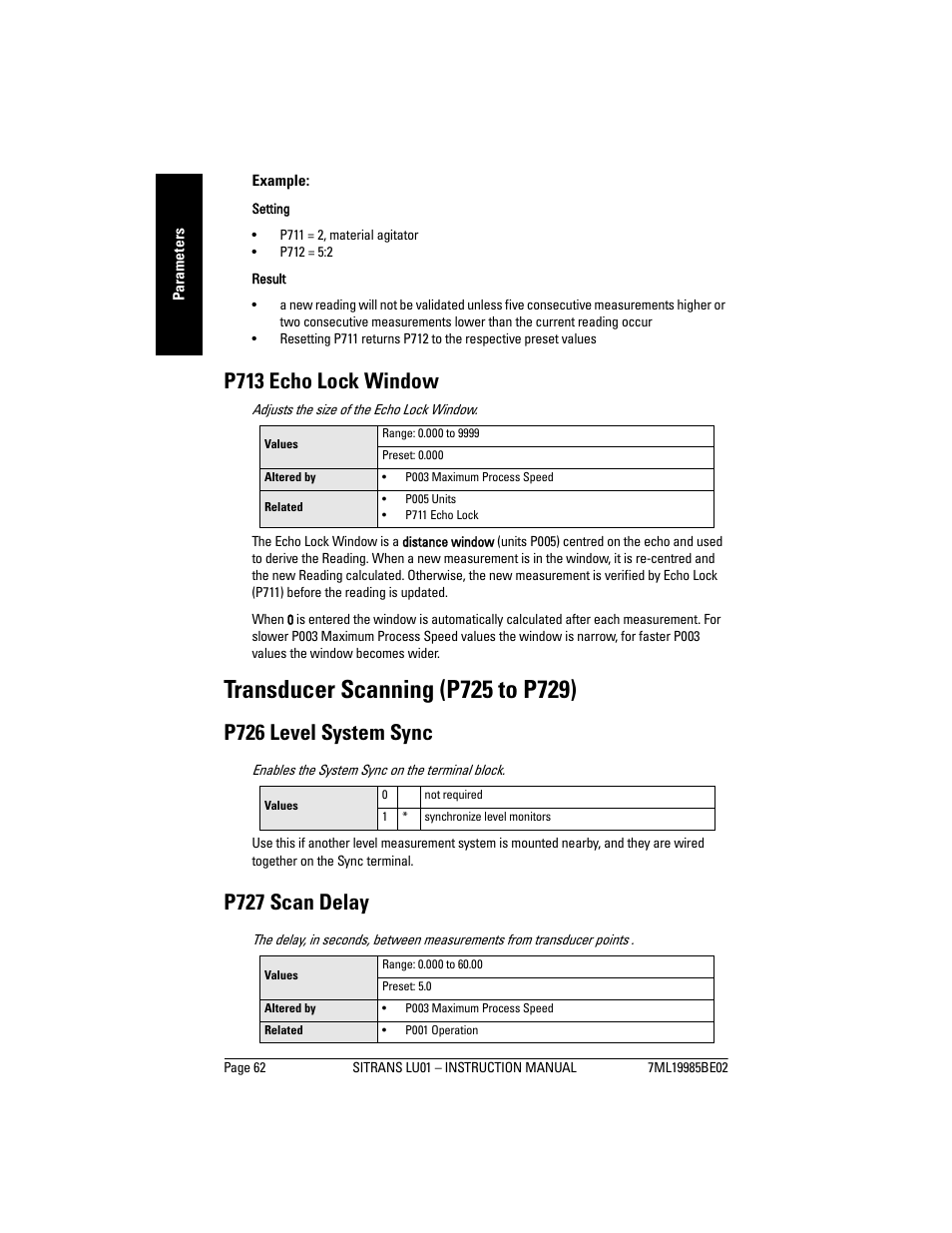 Transducer scanning (p725 to p729), P713 echo lock window, P726 level system sync | P727 scan delay | Siemens sitrans LU01 User Manual | Page 68 / 114