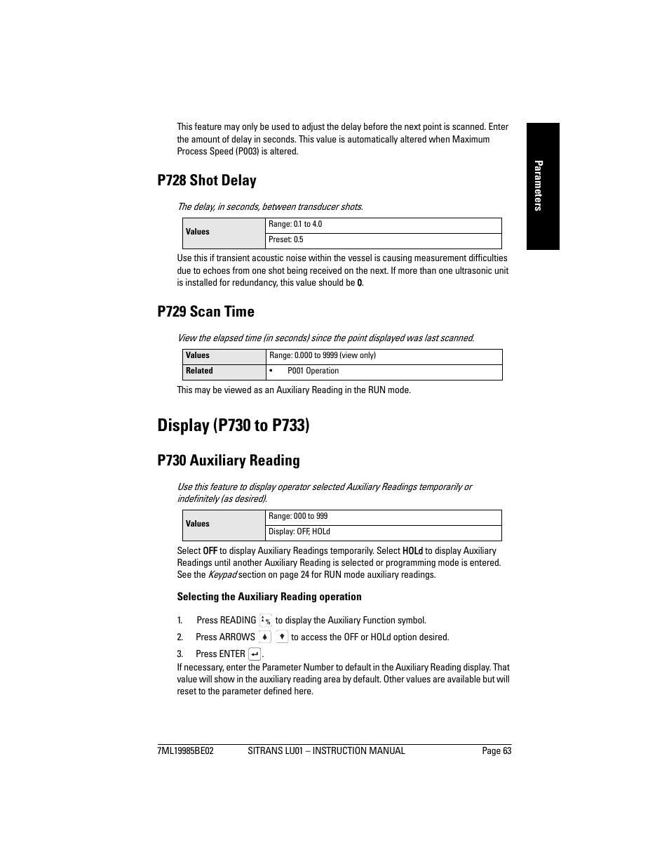 Display (p730 to p733), P728 shot delay, P729 scan time | P730 auxiliary reading | Siemens sitrans LU01 User Manual | Page 69 / 114