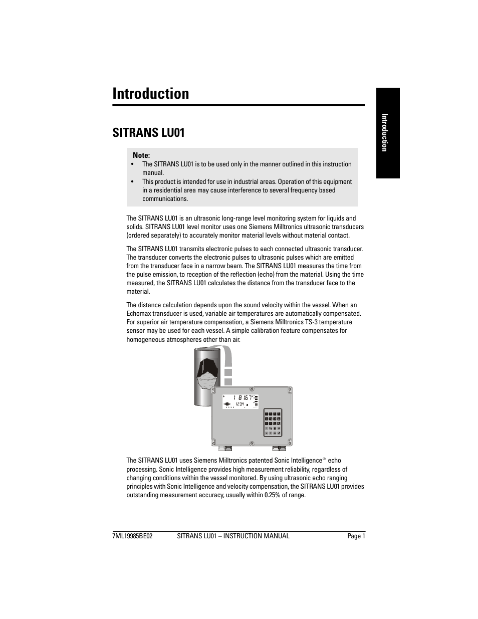 Introduction, Sitrans lu01, Intr oduct io n | Siemens sitrans LU01 User Manual | Page 7 / 114