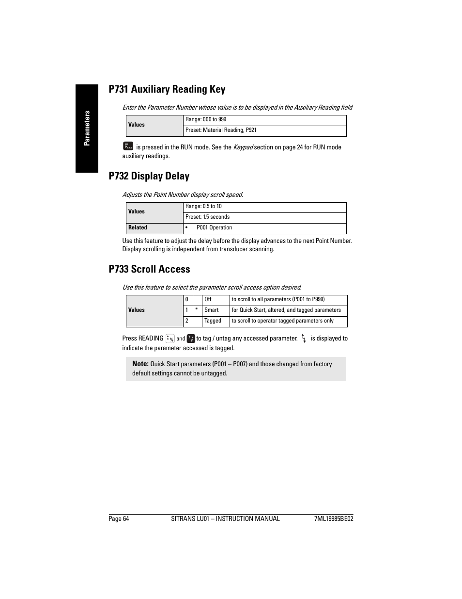 P731 auxiliary reading key, P732 display delay, P733 scroll access | Siemens sitrans LU01 User Manual | Page 70 / 114