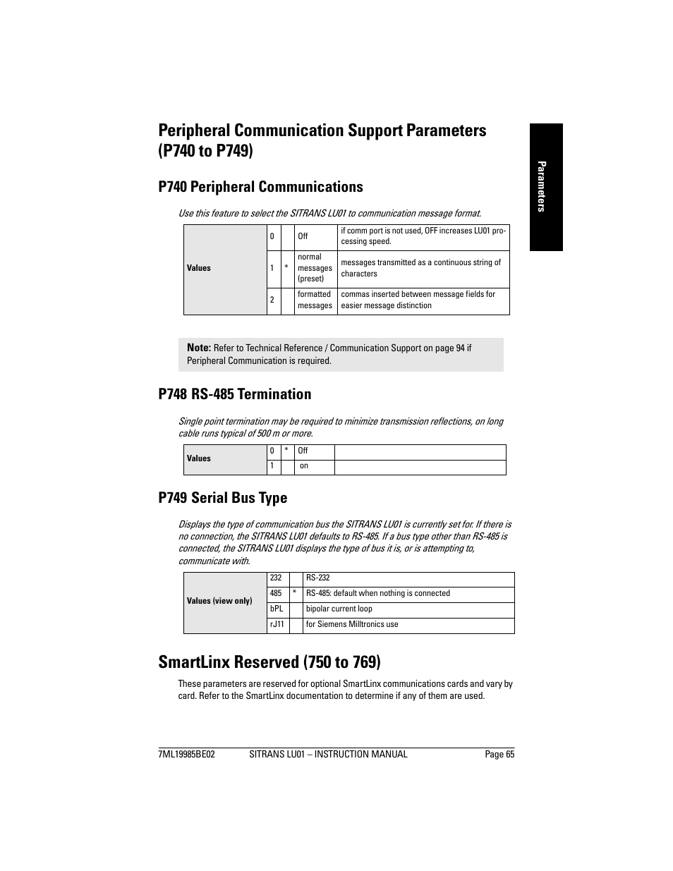 Smartlinx reserved (750 to 769), P740 peripheral communications, P749 serial bus type | Siemens sitrans LU01 User Manual | Page 71 / 114