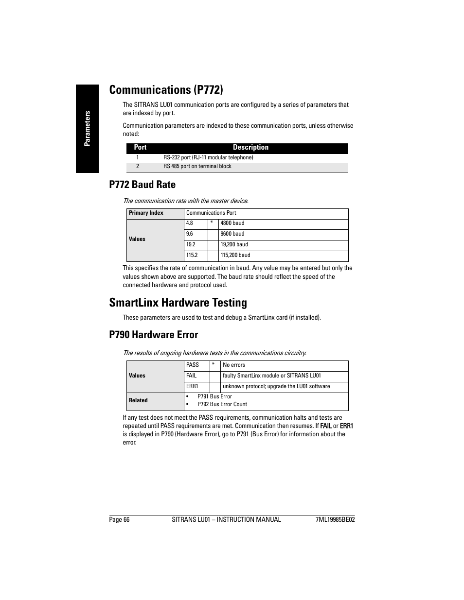 Communications (p772), Smartlinx hardware testing, Communications (p772) smartlinx hardware testing | P772 baud rate, P790 hardware error | Siemens sitrans LU01 User Manual | Page 72 / 114