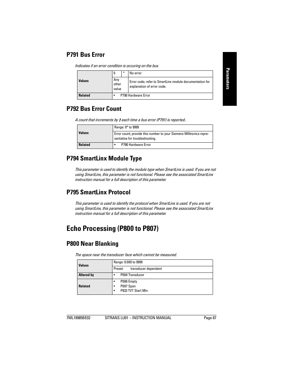 Echo processing (p800 to p807), P791 bus error, P792 bus error count | P794 smartlinx module type, P795 smartlinx protocol, P800 near blanking | Siemens sitrans LU01 User Manual | Page 73 / 114