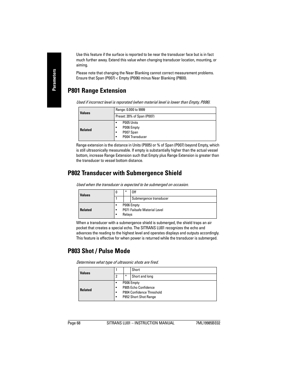 P801 range extension, P802 transducer with submergence shield, P803 shot / pulse mode | Siemens sitrans LU01 User Manual | Page 74 / 114