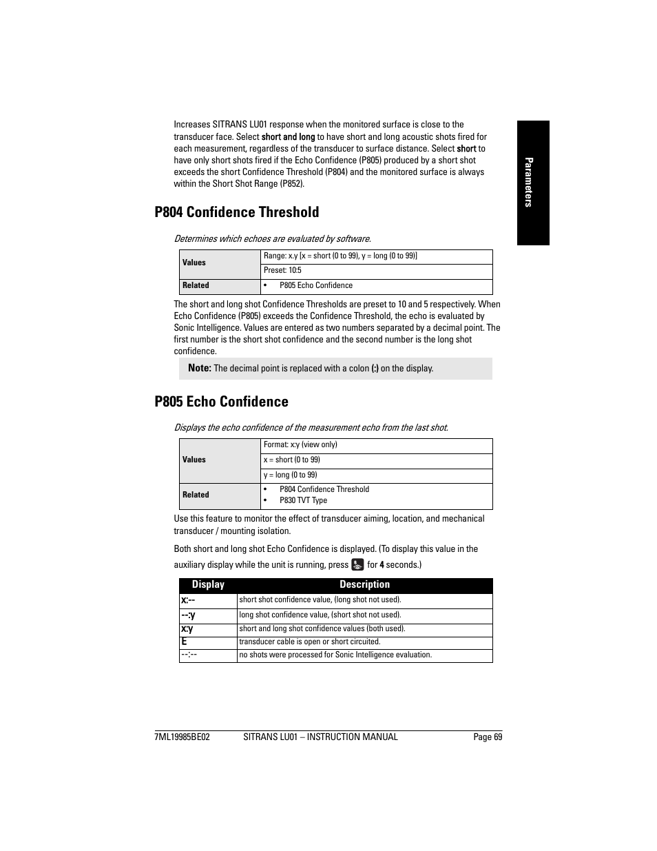 P804 confidence threshold, P805 echo confidence | Siemens sitrans LU01 User Manual | Page 75 / 114