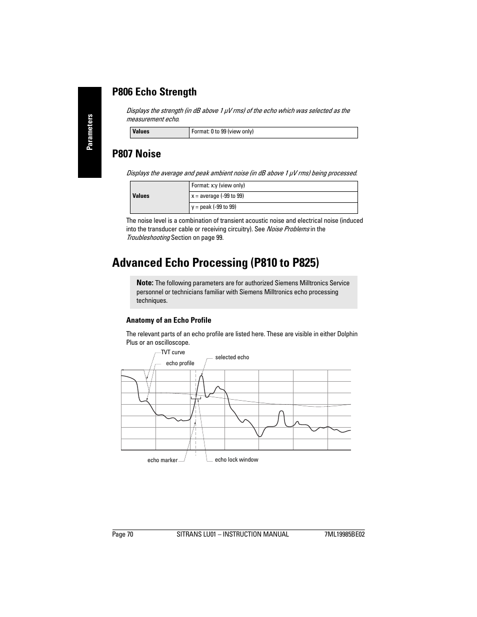 Advanced echo processing (p810 to p825), P806 echo strength, P807 noise | Siemens sitrans LU01 User Manual | Page 76 / 114