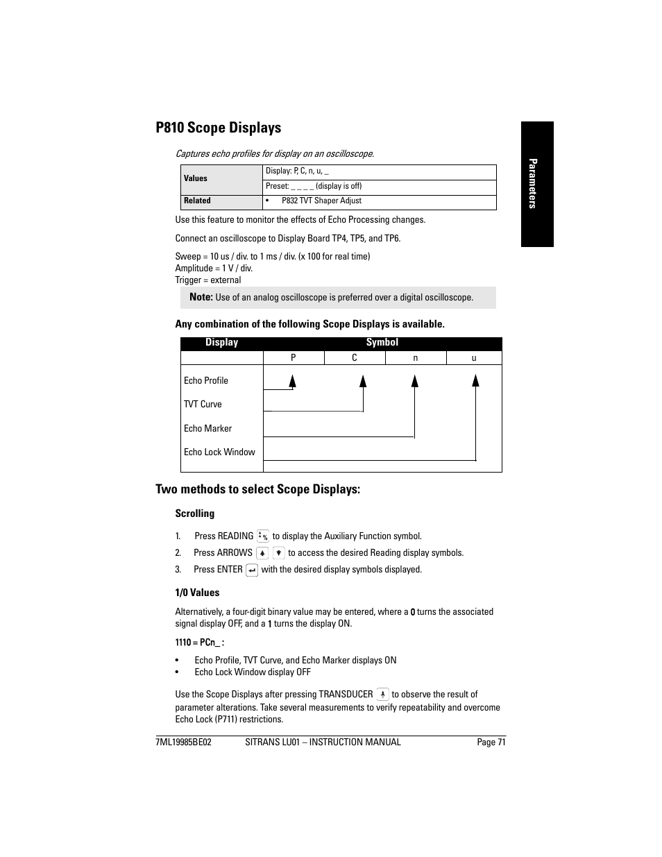 P810 scope displays, Two methods to select scope displays | Siemens sitrans LU01 User Manual | Page 77 / 114