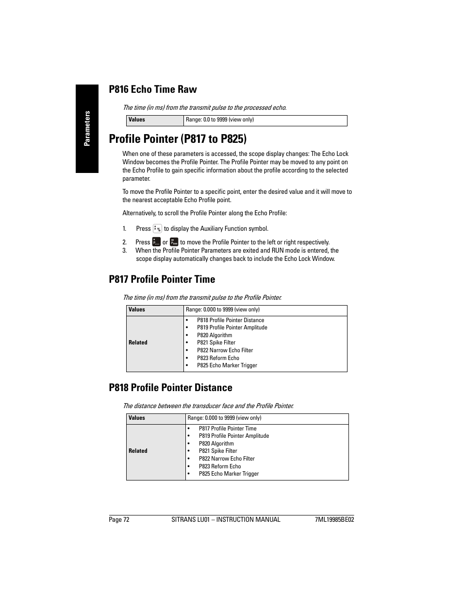 Profile pointer (p817 to p825), P816 echo time raw, P817 profile pointer time | P818 profile pointer distance | Siemens sitrans LU01 User Manual | Page 78 / 114