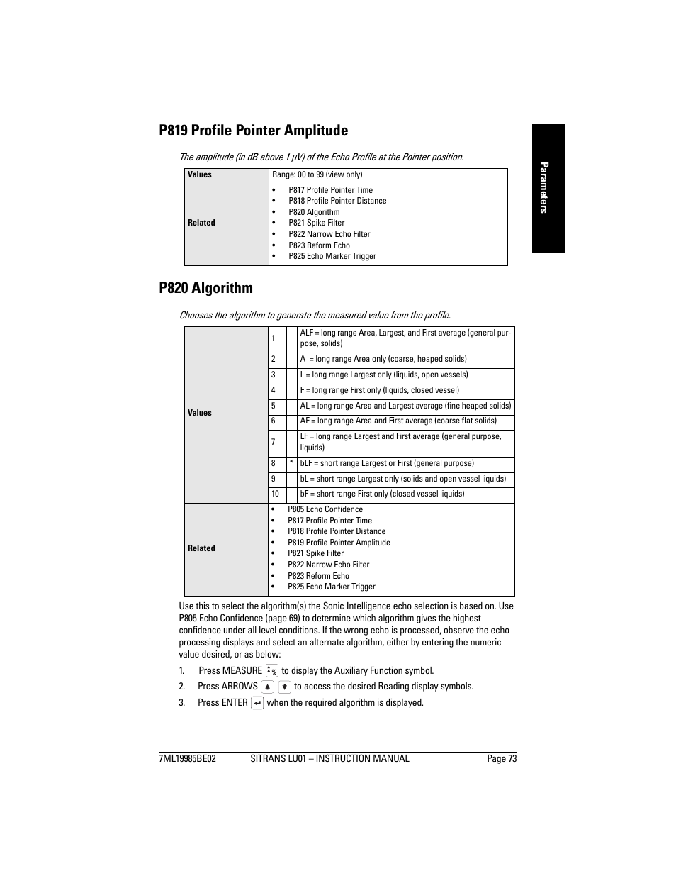 P819 profile pointer amplitude, P820 algorithm | Siemens sitrans LU01 User Manual | Page 79 / 114