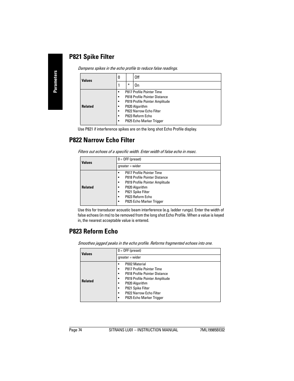 P821 spike filter, P822 narrow echo filter, P823 reform echo | Siemens sitrans LU01 User Manual | Page 80 / 114