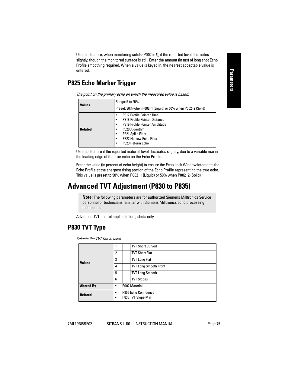 Advanced tvt adjustment (p830 to p835), P825 echo marker trigger, P830 tvt type | Siemens sitrans LU01 User Manual | Page 81 / 114