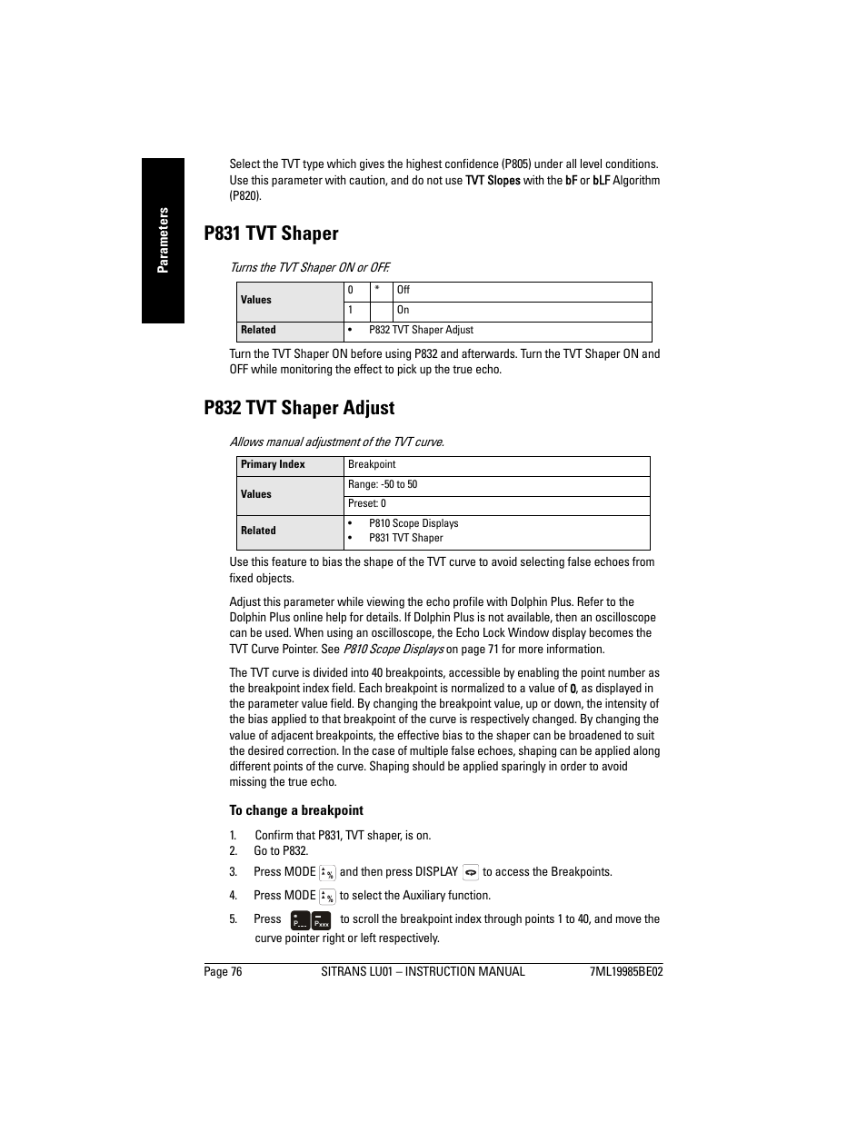 P831 tvt shaper, P832 tvt shaper adjust | Siemens sitrans LU01 User Manual | Page 82 / 114