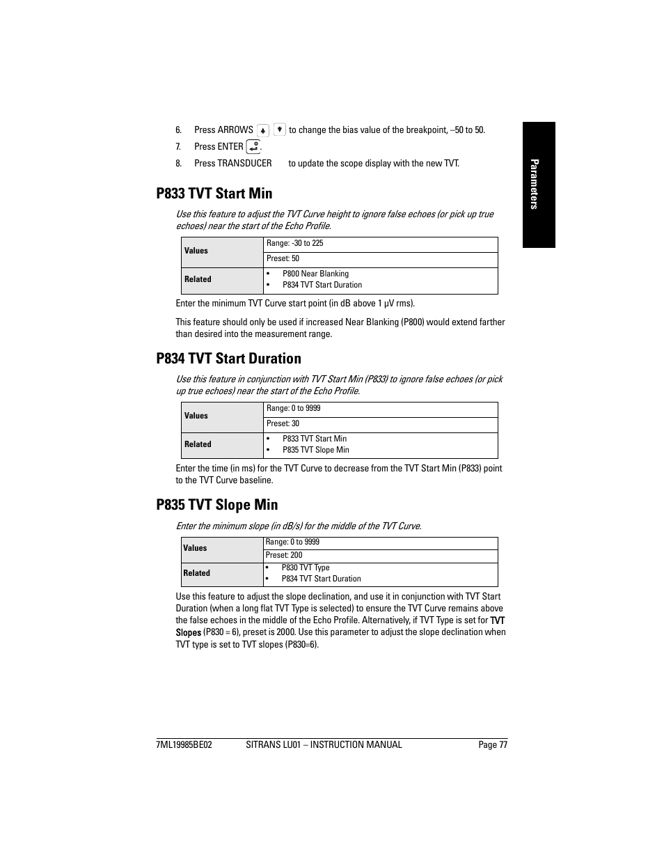 P833 tvt start min, P834 tvt start duration, P835 tvt slope min | Siemens sitrans LU01 User Manual | Page 83 / 114