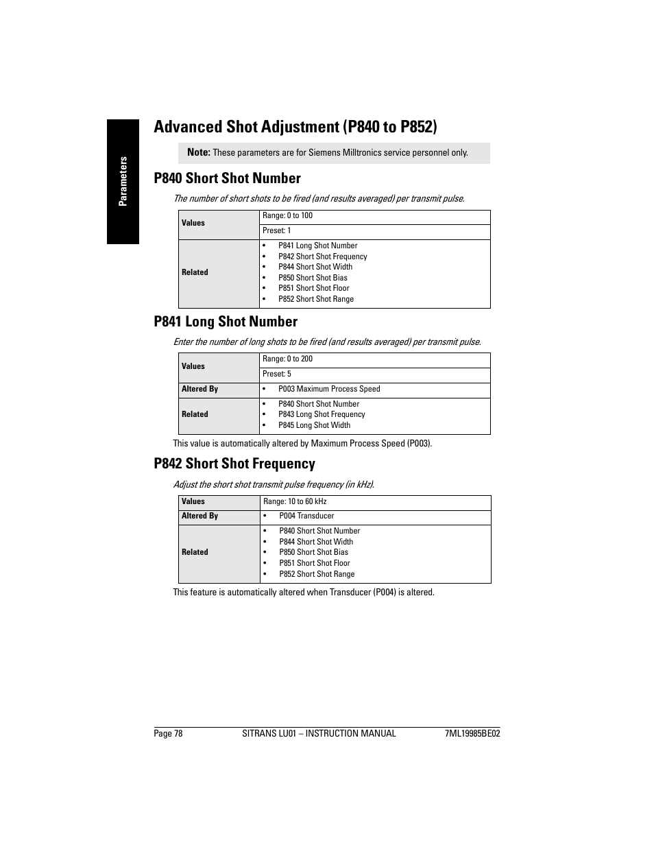 Advanced shot adjustment (p840 to p852), P840 short shot number, P841 long shot number | P842 short shot frequency | Siemens sitrans LU01 User Manual | Page 84 / 114