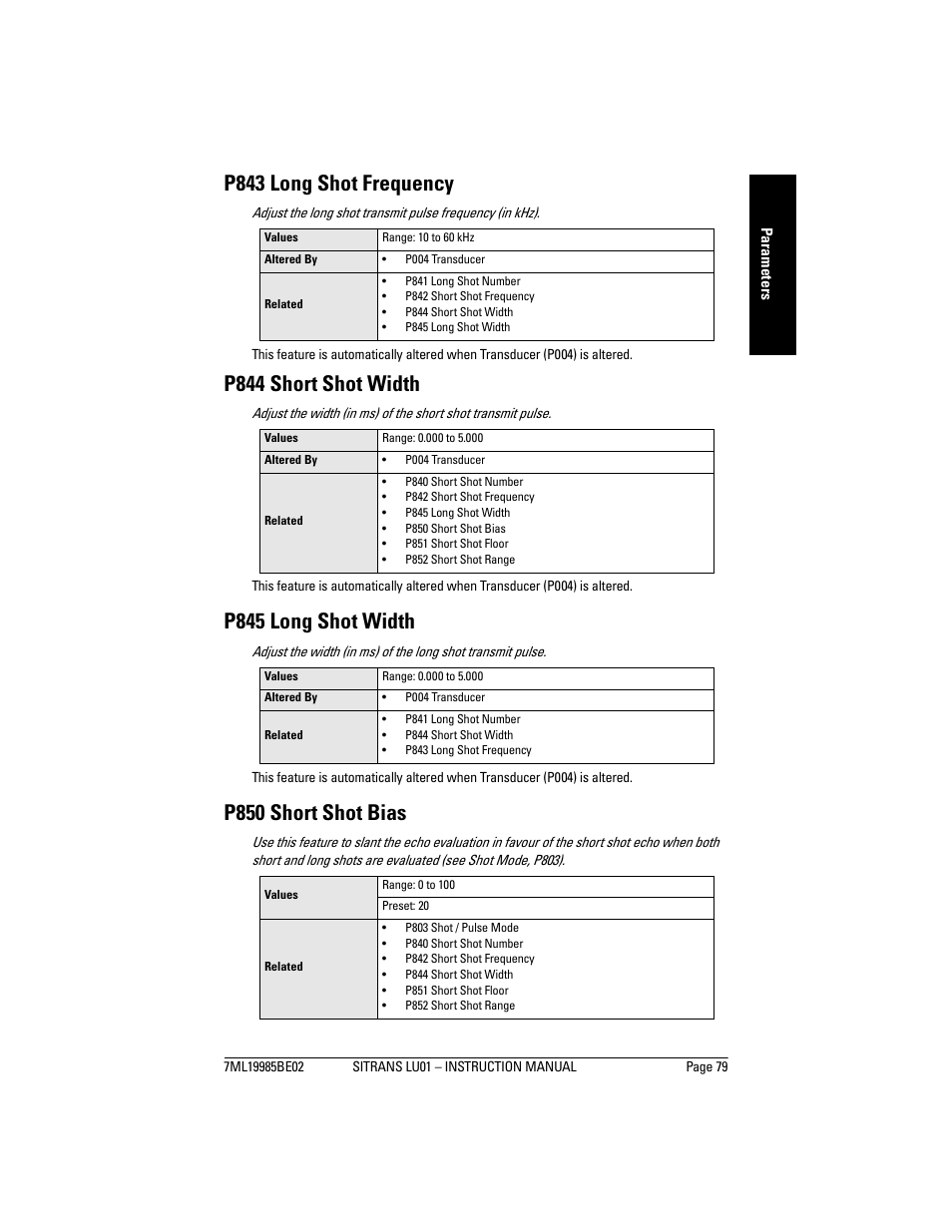 P843 long shot frequency, P844 short shot width, P845 long shot width | P850 short shot bias | Siemens sitrans LU01 User Manual | Page 85 / 114