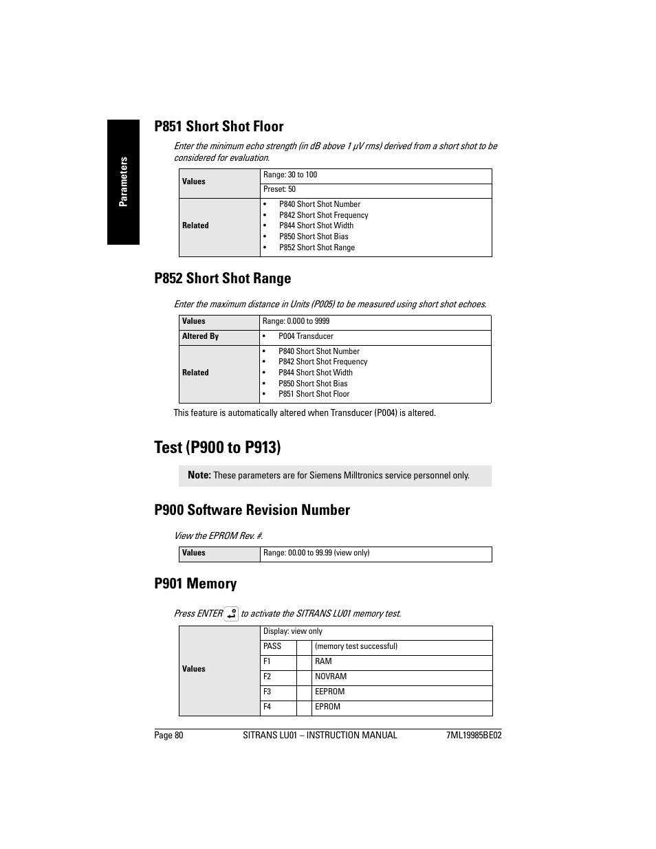 Test (p900 to p913), P851 short shot floor, P852 short shot range | P900 software revision number | Siemens sitrans LU01 User Manual | Page 86 / 114