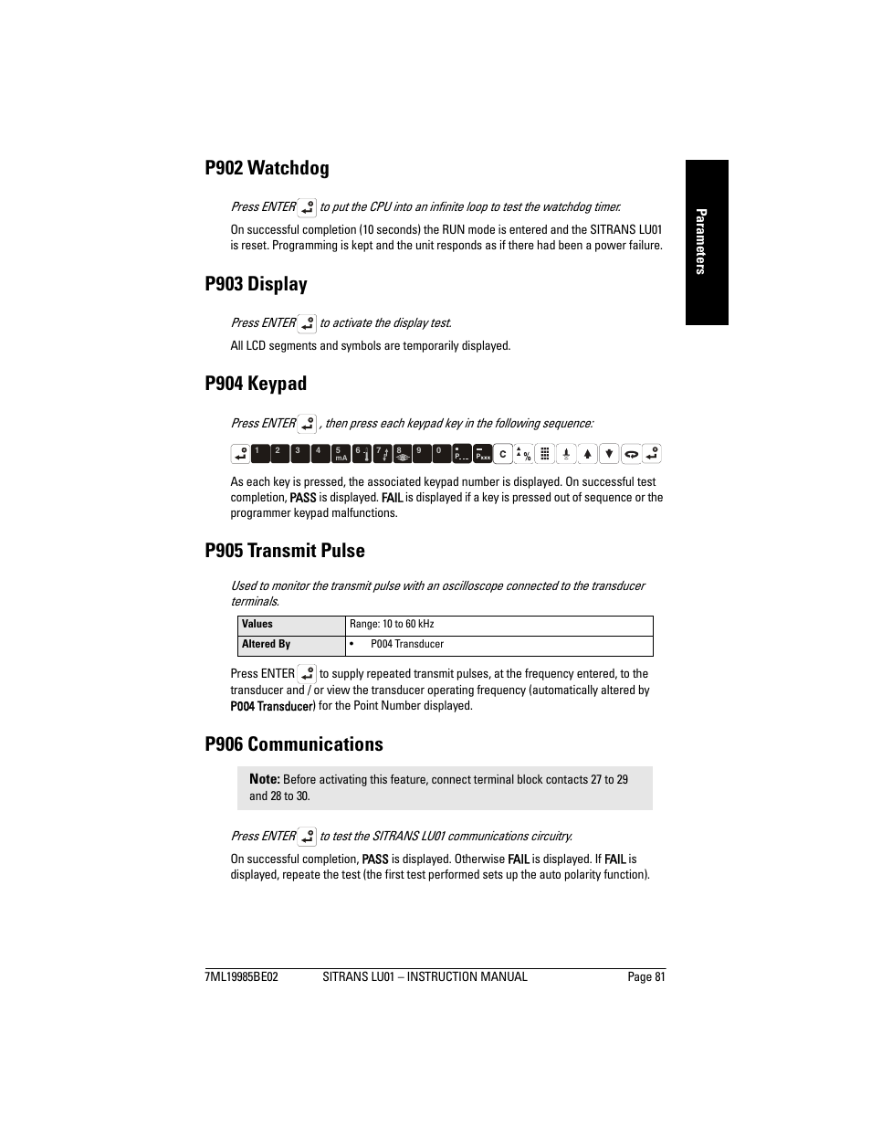 P902 watchdog, P903 display, P904 keypad | P905 transmit pulse, P906 communications | Siemens sitrans LU01 User Manual | Page 87 / 114