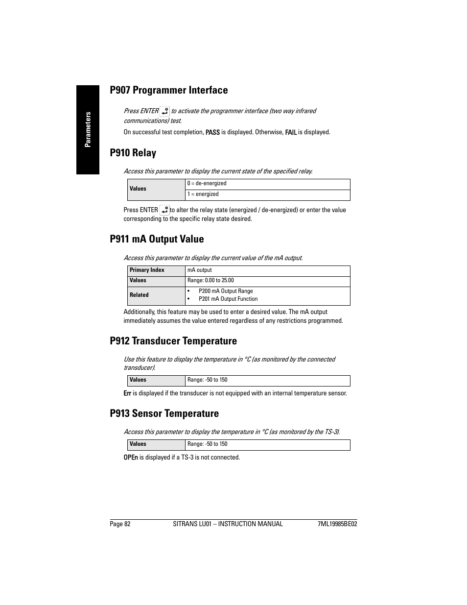 P907 programmer interface, P910 relay, P911 ma output value | P912 transducer temperature, P913 sensor temperature | Siemens sitrans LU01 User Manual | Page 88 / 114