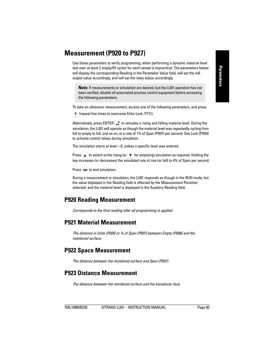 Measurement (p920 to p927), P920 reading measurement, P921 material measurement | P922 space measurement, P923 distance measurement | Siemens sitrans LU01 User Manual | Page 89 / 114