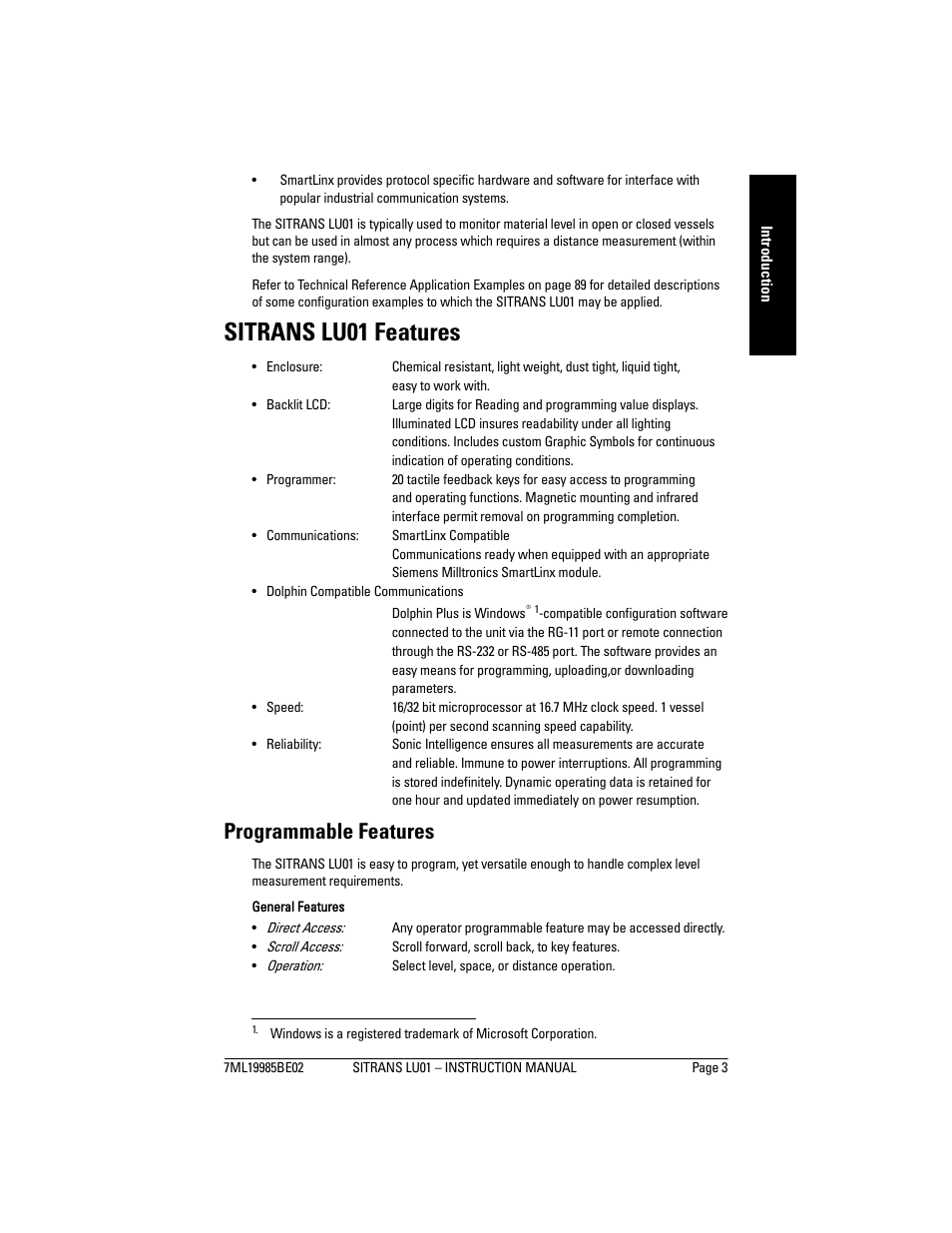 Sitrans lu01 features, Programmable features | Siemens sitrans LU01 User Manual | Page 9 / 114