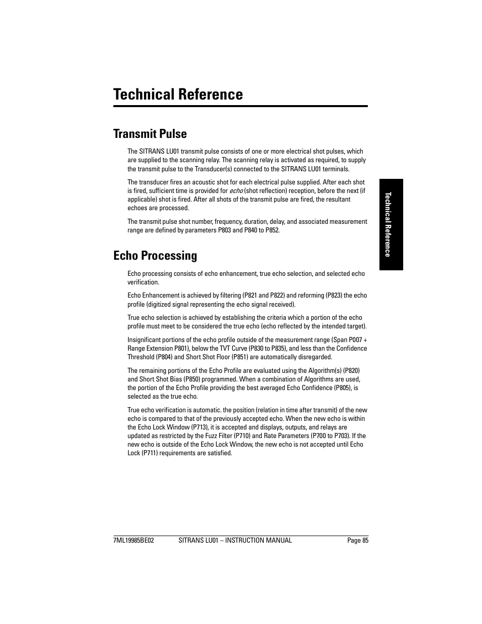 Technical reference, Transmit pulse, Echo processing | Transmit pulse echo processing | Siemens sitrans LU01 User Manual | Page 91 / 114