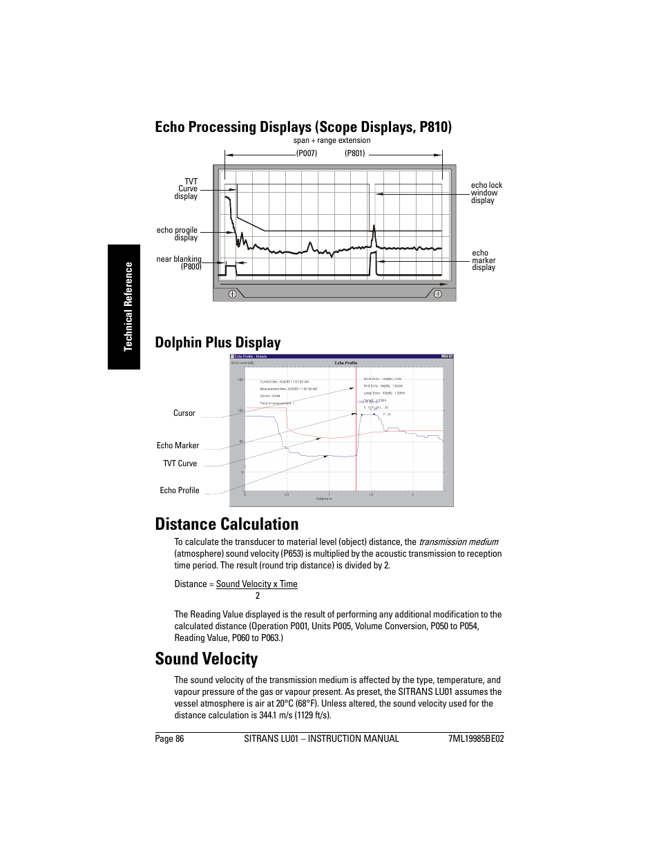 Echo processing displays (scope displays, p810), Dolphin plus display, Distance calculation | Sound velocity, Distance calculation sound velocity | Siemens sitrans LU01 User Manual | Page 92 / 114