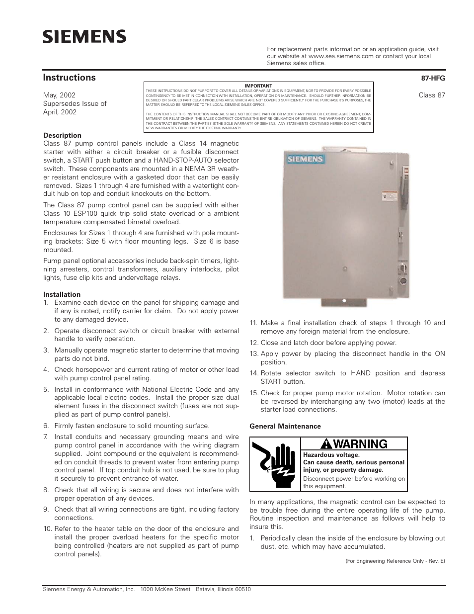 Siemens Class 87 User Manual | 2 pages