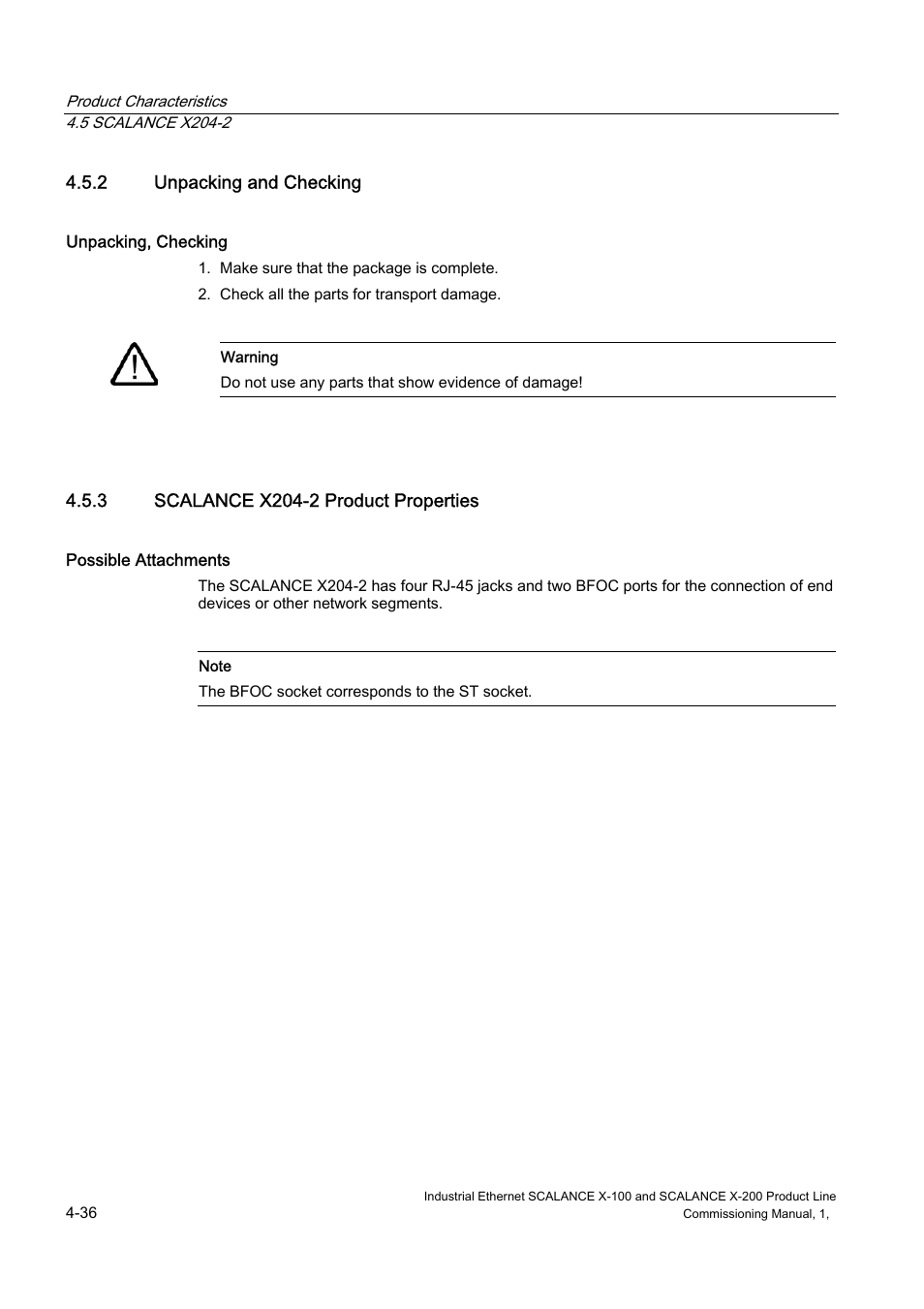 Unpacking and checking, Scalance x204-2 product properties | Siemens SCALANCE X-200 User Manual | Page 50 / 121