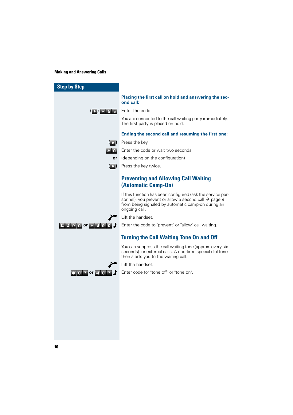 Ending the second call and resuming the first one, Turning the call waiting tone on and off | Siemens HiPath 5000 RSM User Manual | Page 10 / 62