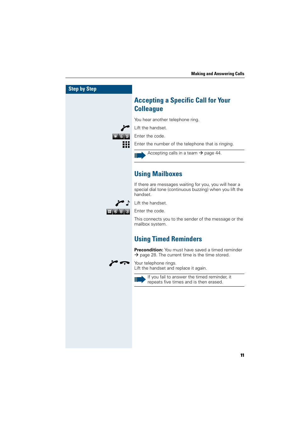 Accepting a specific call for your colleague, Using mailboxes, Using timed reminders | Siemens HiPath 5000 RSM User Manual | Page 11 / 62