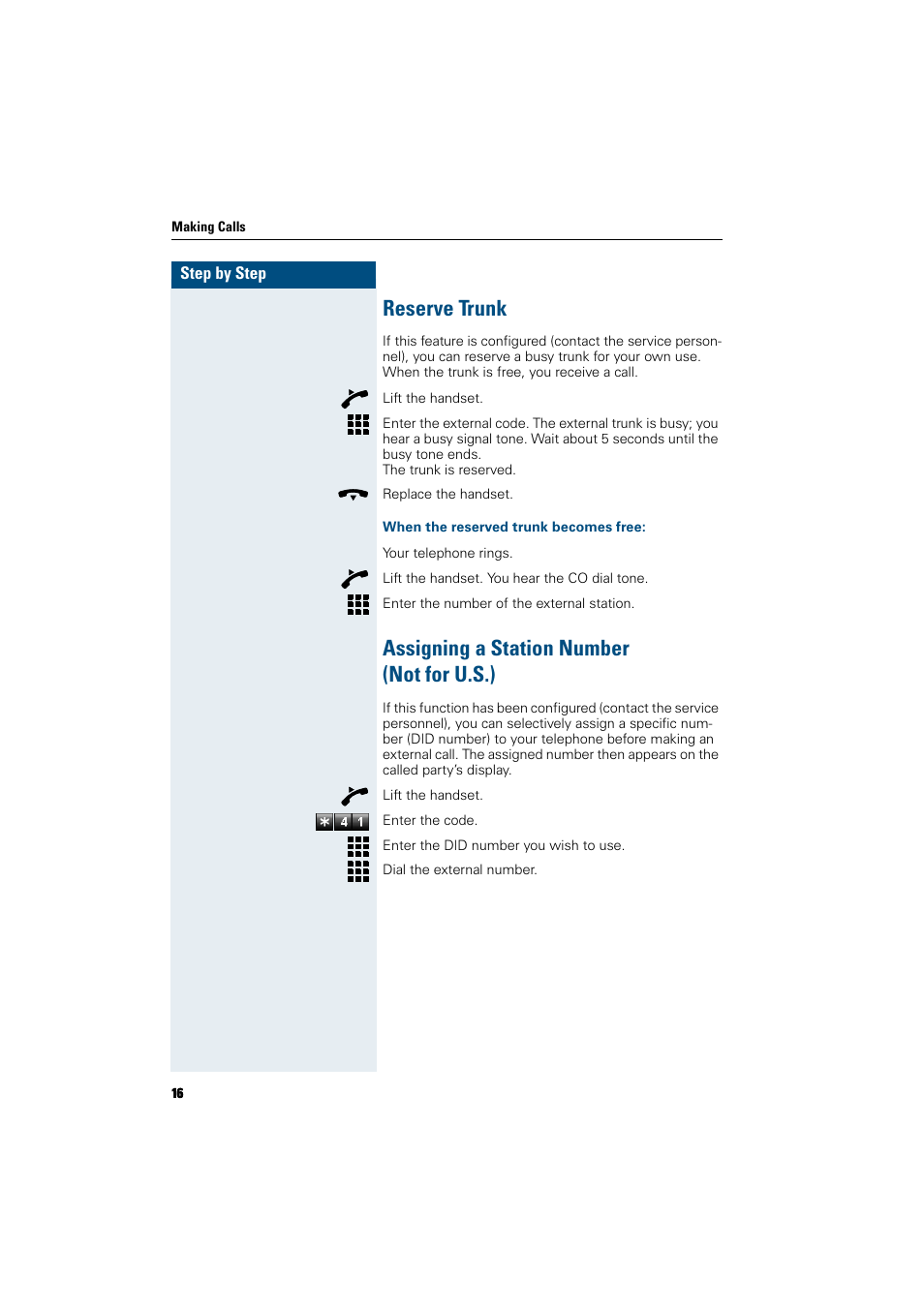 Reserve trunk, When the reserved trunk becomes free, Assigning a station number (not for u.s.) | Siemens HiPath 5000 RSM User Manual | Page 16 / 62