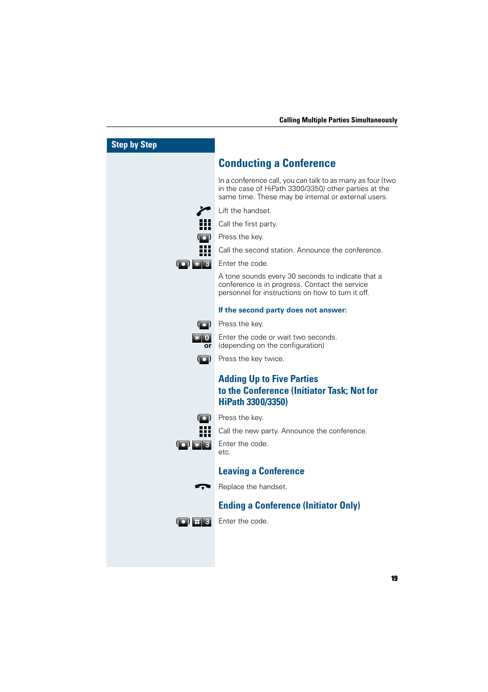 Conducting a conference, If the second party does not answer, Leaving a conference | Ending a conference (initiator only) | Siemens HiPath 5000 RSM User Manual | Page 19 / 62