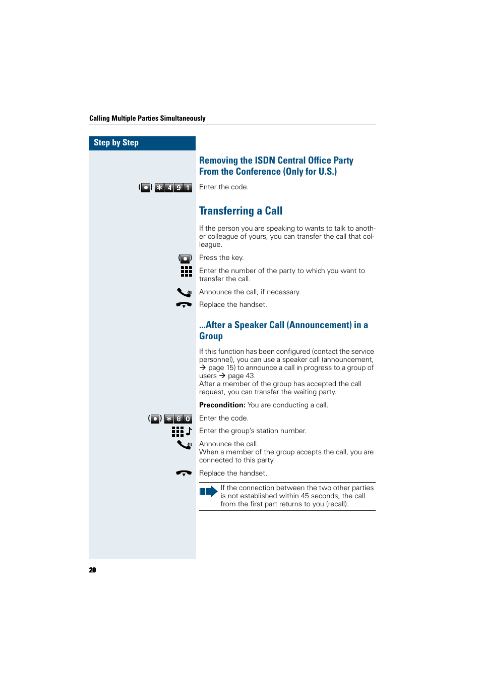 Transferring a call, After a speaker call (announcement) in a group | Siemens HiPath 5000 RSM User Manual | Page 20 / 62