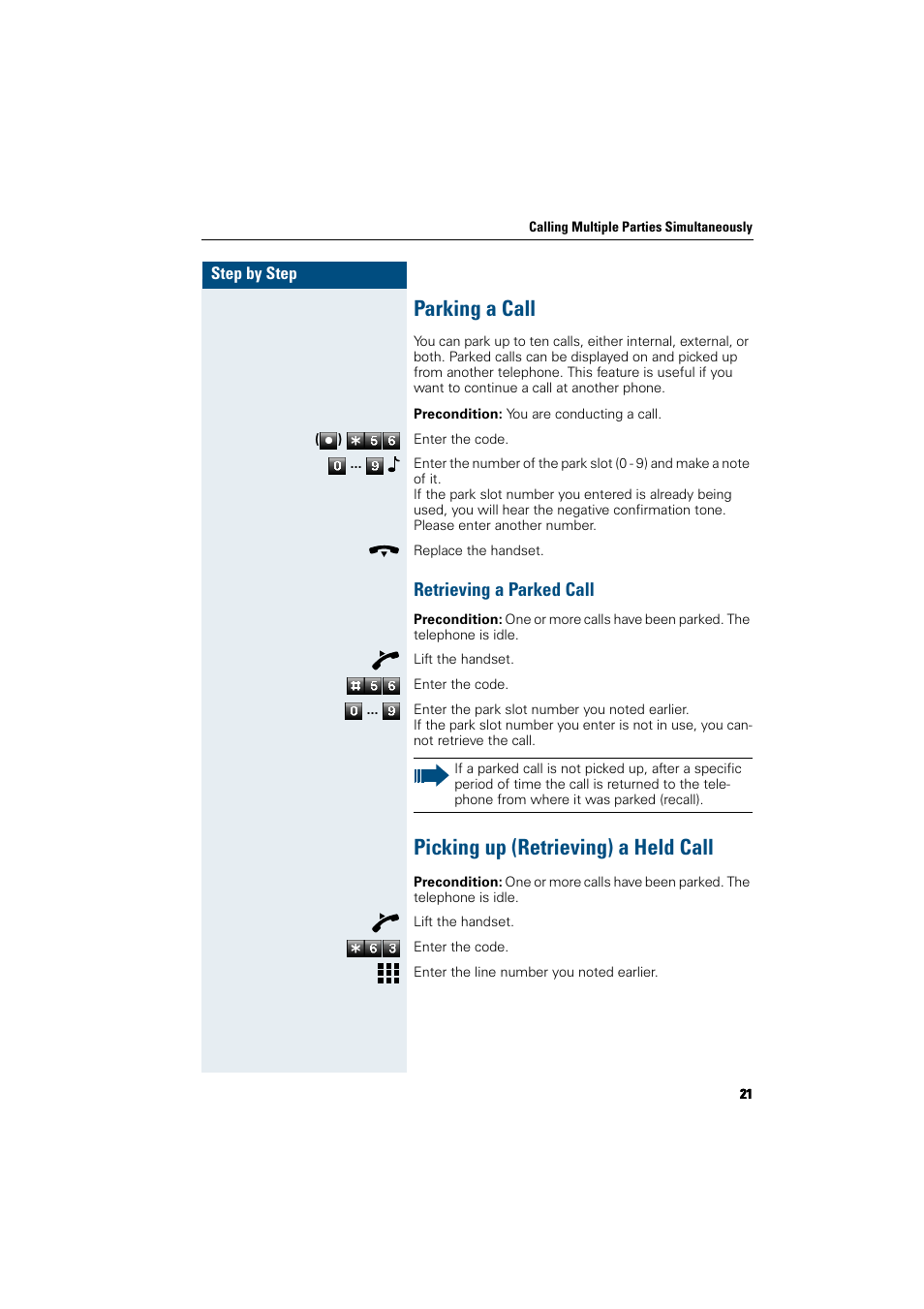 Parking a call, Retrieving a parked call, Picking up (retrieving) a held call | Siemens HiPath 5000 RSM User Manual | Page 21 / 62