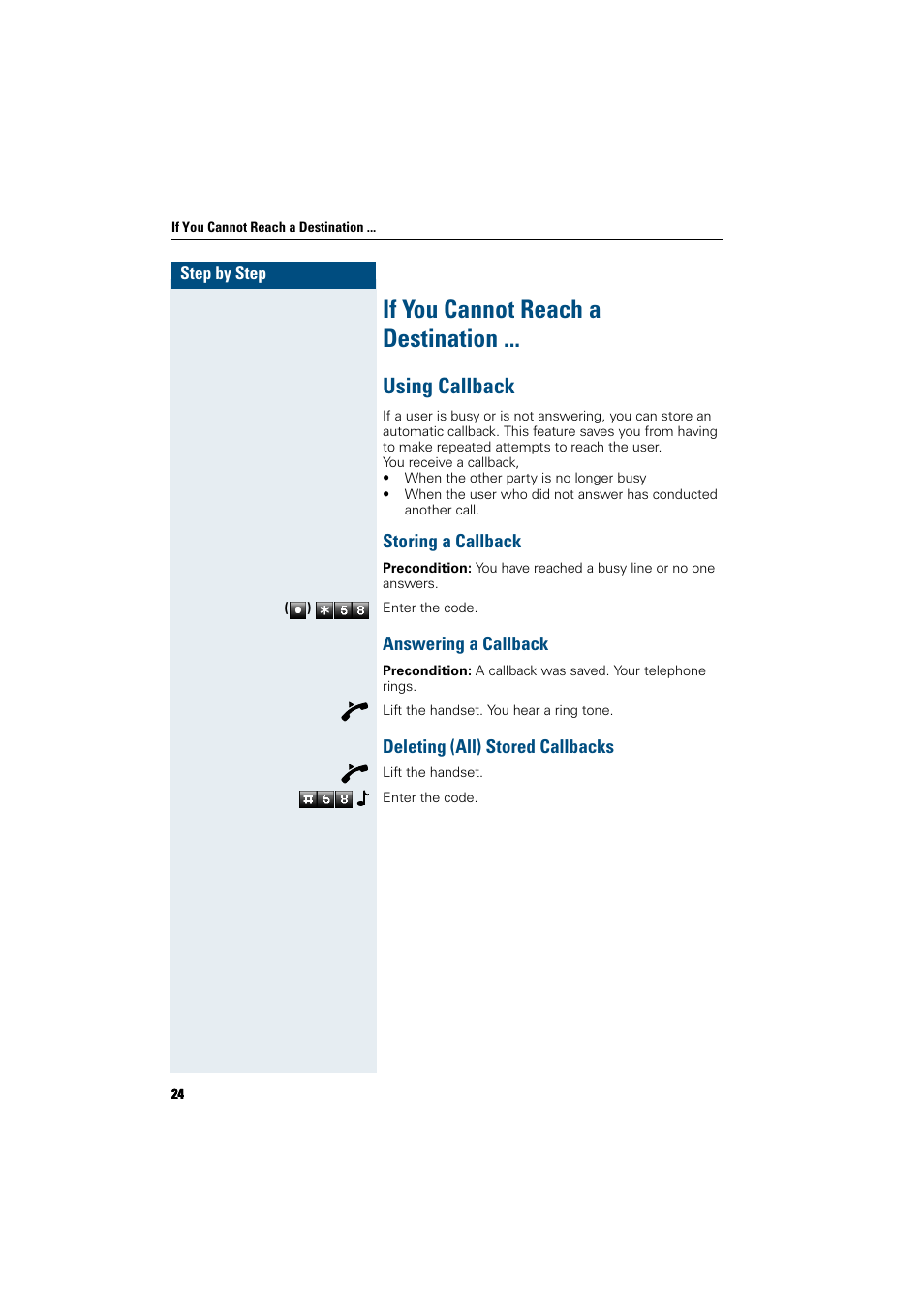 If you cannot reach a destination, Using callback, Storing a callback | Answering a callback, Deleting (all) stored callbacks | Siemens HiPath 5000 RSM User Manual | Page 24 / 62