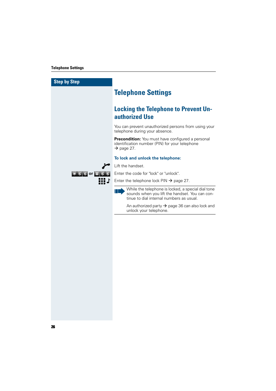 Telephone settings, Locking the telephone to prevent unauthorized use, To lock and unlock the telephone | Siemens HiPath 5000 RSM User Manual | Page 26 / 62